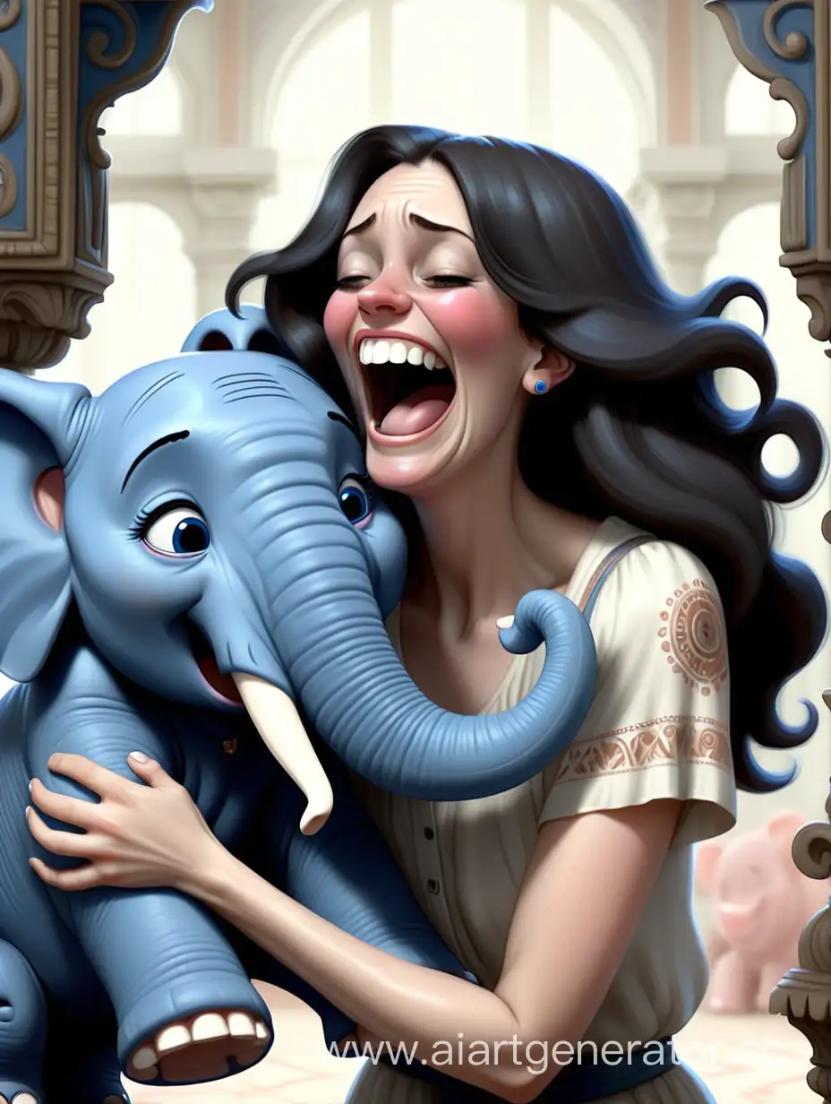 Белая женщина с темными волосами смееться и держит синего слоника за хобот который плачет и боиться