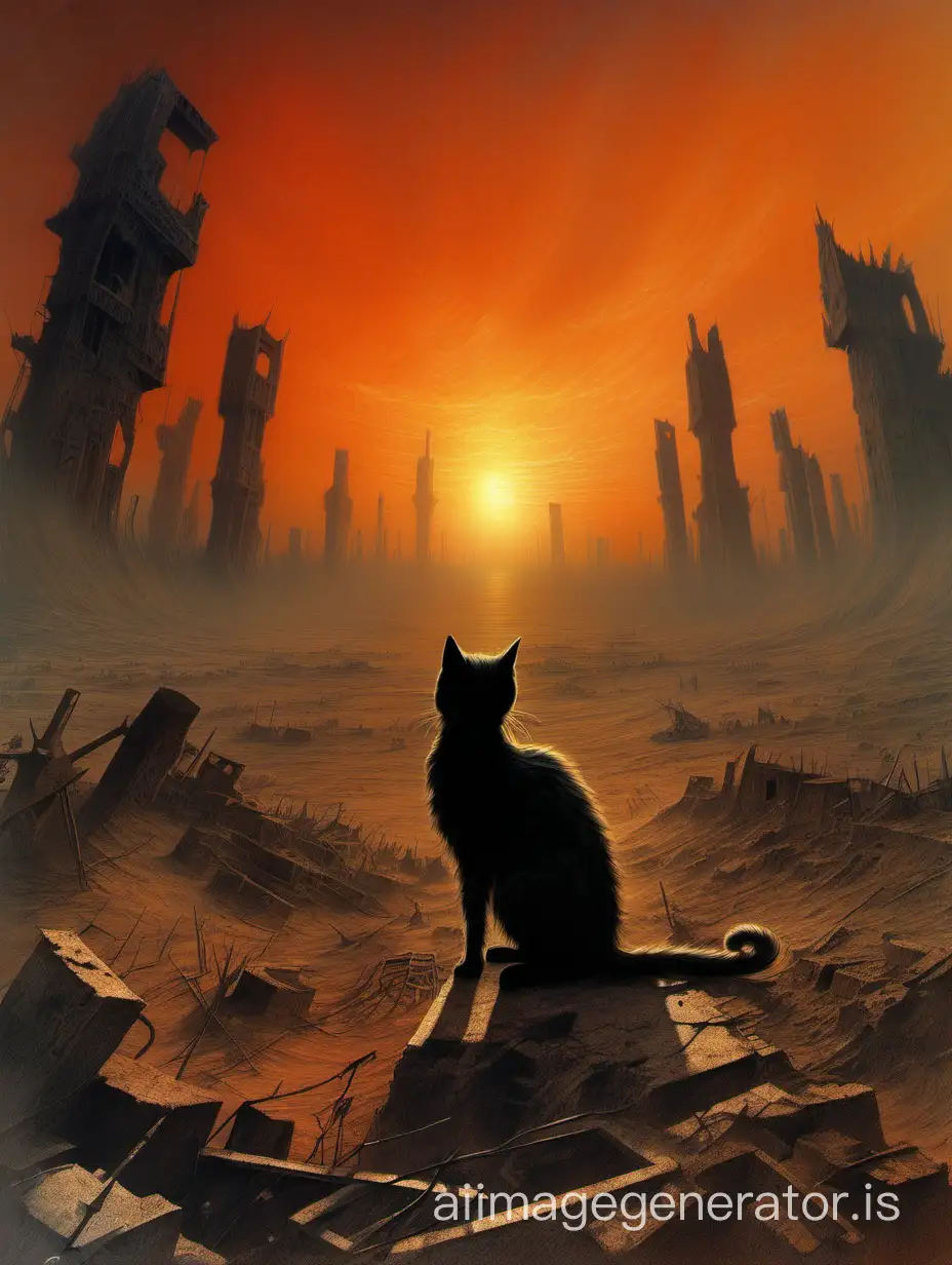 Mad Max cat monster hell
Sunset standing in ruins Beksinski