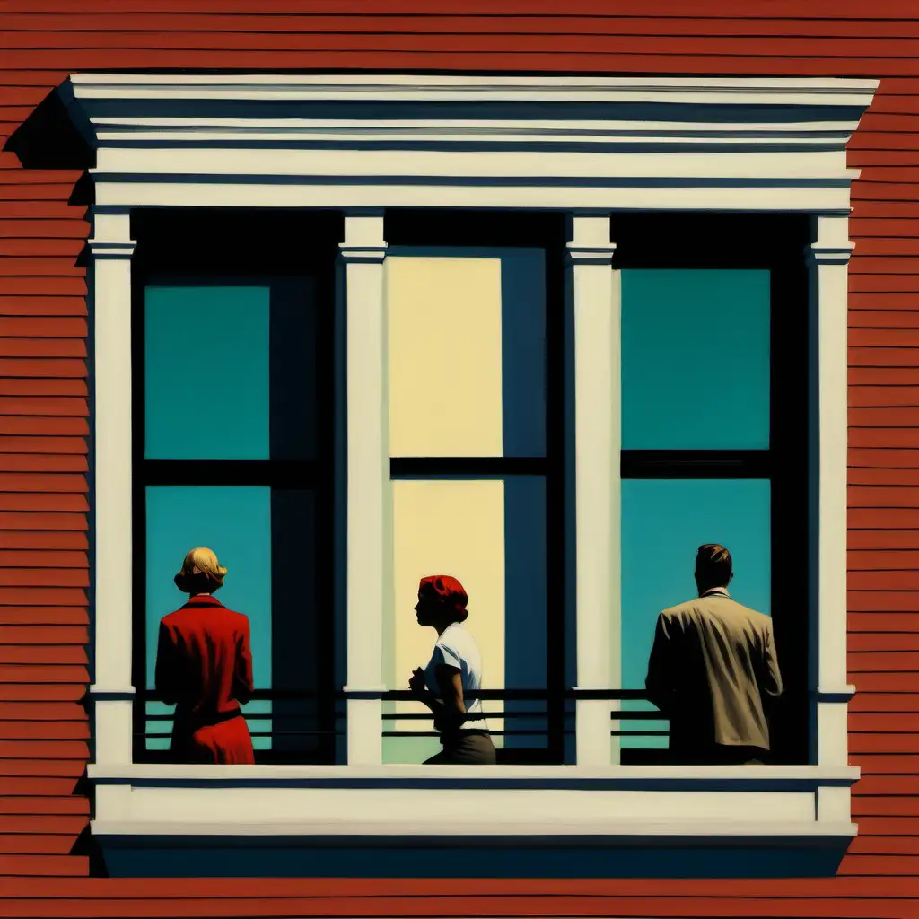 edward hopper style with couple in apartment window of 4 story building