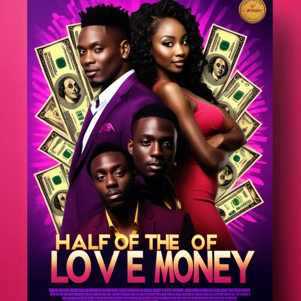 Design an engaging and dynamic cinematic poster for 'For the Love of Money' that vividly captures the essence of Jamaican dating while spotlighting the key characters in a visually compelling manner. Utilize a captivating layout where the female protagonist is the central focus, presented as the main photo with vibrant pink and purple hues, exuding confidence and allure. Surrounding her, depict faded half-off shots of the male contestants, their personalities and roles teased through these images. Ensure the poster radiates energy and modernity, embracing the chosen vibrant colors to resonate strongly with the young edge adult demographic. Infuse the design with Jamaican cultural elements or scenery to set the stage for the dating experiment while hinting at the challenges and excitement of the journey for love. Incorporate typography and design elements that evoke a sense of adventure, mystery, and the multifaceted nature of relationships, inviting viewers to delve into the complexities of dating through the series' lens.
