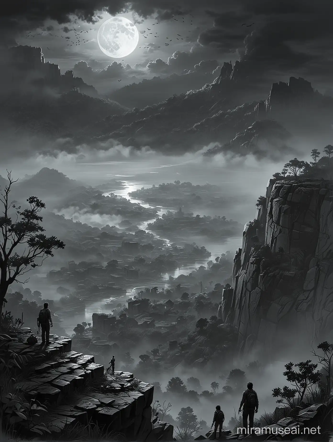 the last of us, abandonned hill station. sketch. A view from the top of a cliff is a dense indian forest covered in fog. Thunder and lightning and the moon in the distance.