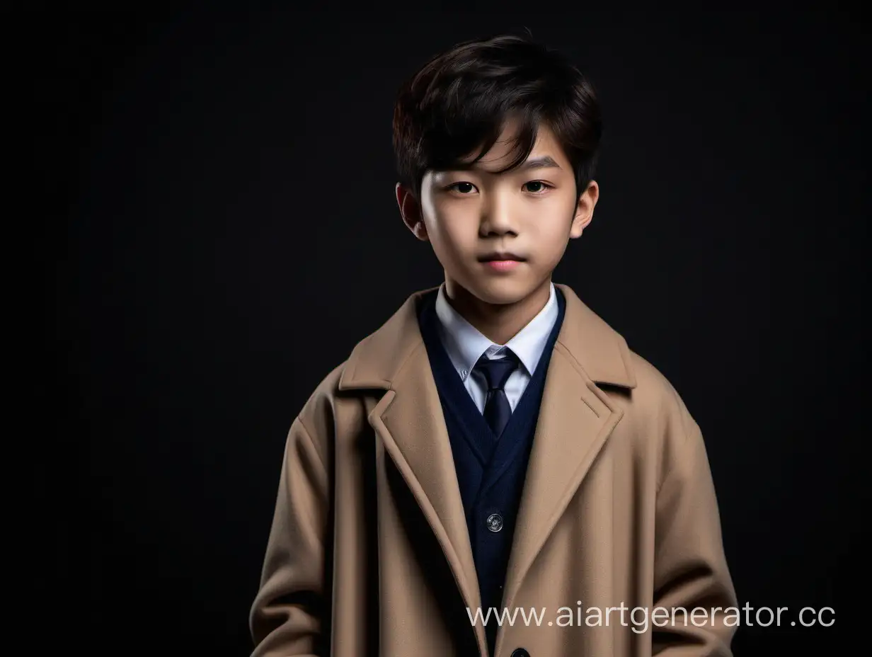 Мальчик 12 лет, азиатской внешности, кореец, красивый, милый, тихий, спокойный, в пальто, на фотосессии, на черном фоне