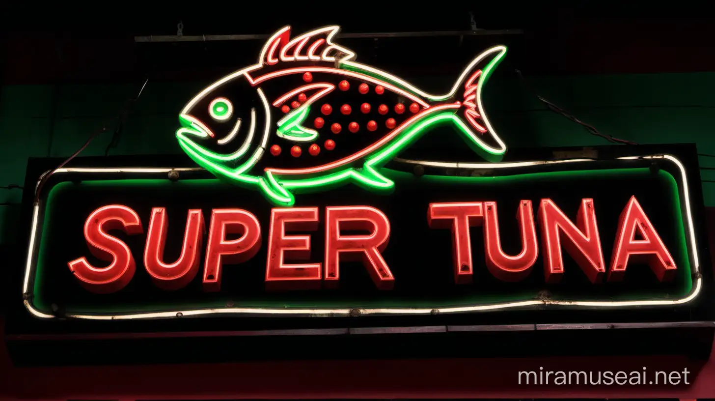 Vibrant Super Tuna Chinese Restaurant Neon Sign in Dramatic Red and Green Lights