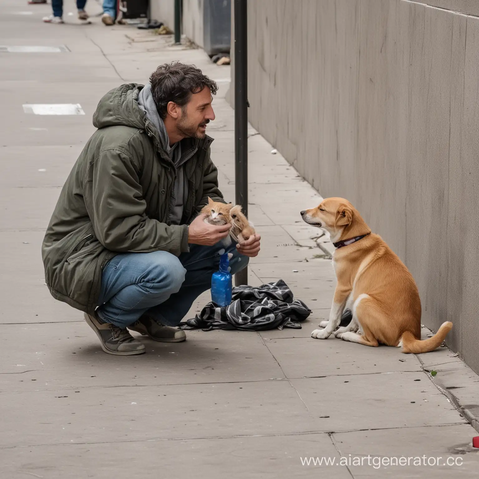 Man-Encounters-Homeless-Dog-Cat-and-Puppy-on-City-Street