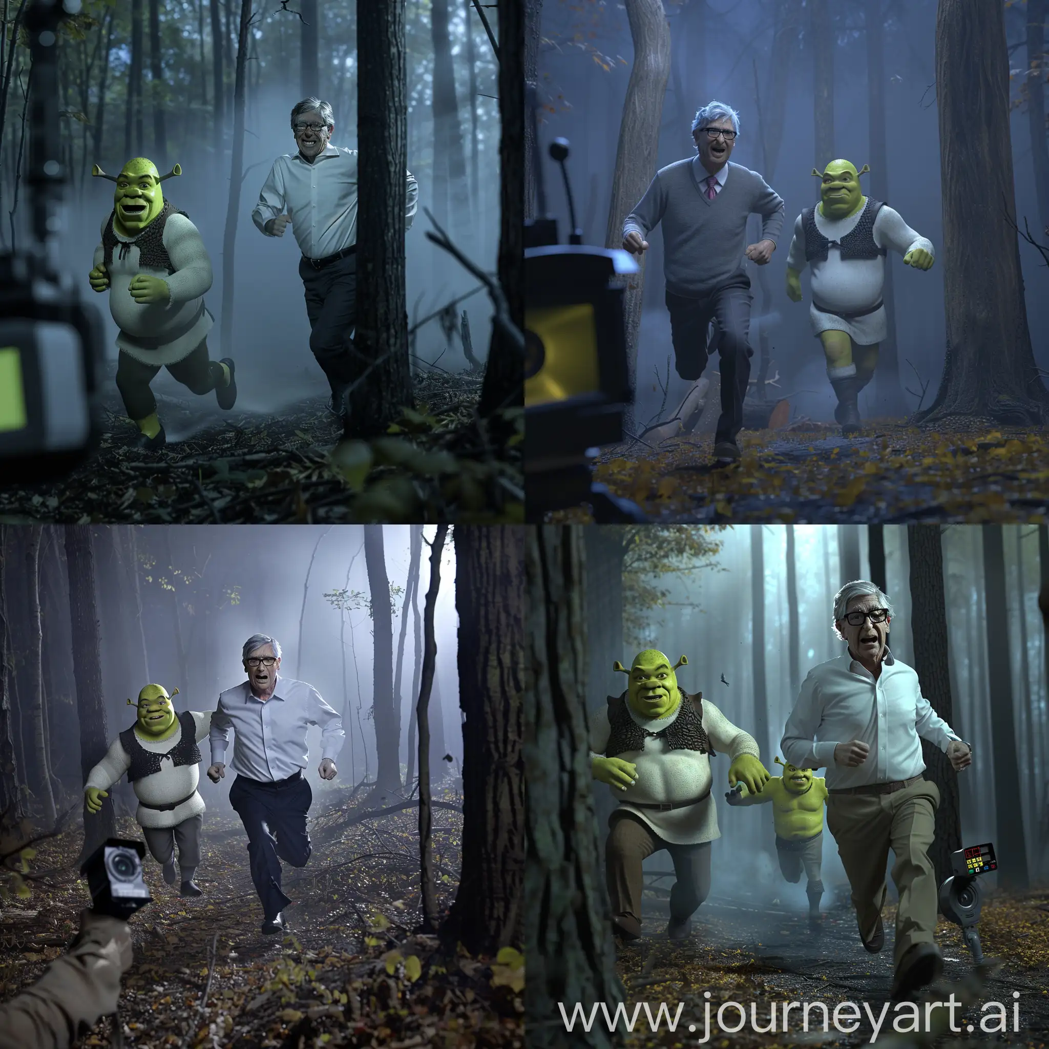Bill Gates running from Shrek in the middle of the woods on a foggy night from the point of view of a trail cam , Photo-realistic