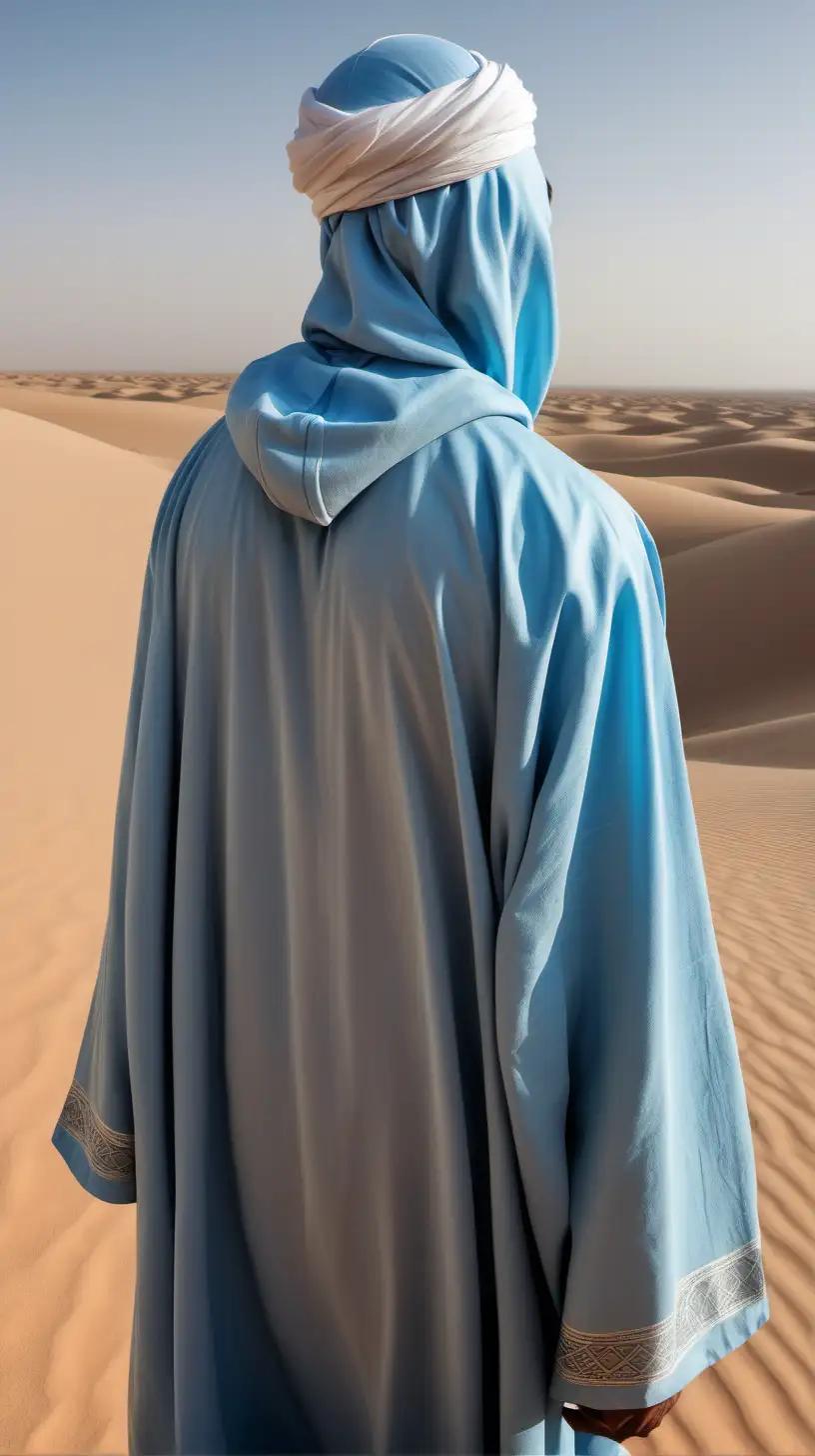 Arab Male Scholar in Turban and Djellaba Gazing across Desert Horizon