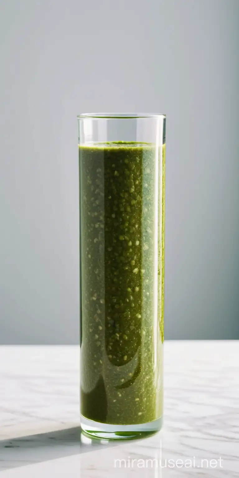 35mm photo of a tall cylindrical glass of basil pesto sauce, full frontal point of view, white background, bright soft light, no labels or brands,