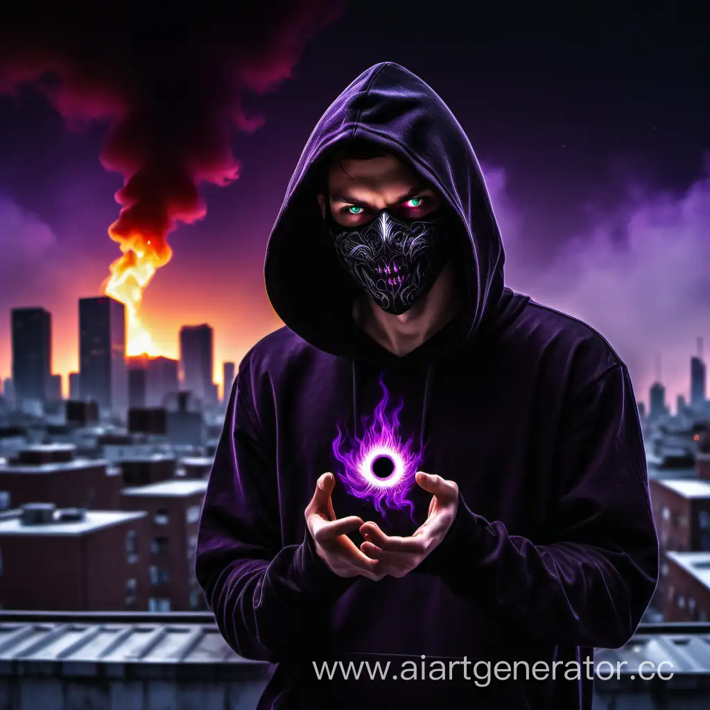 Чел в чёрной толстовке с капюшоном и в маске стоит на крыше города с фиолетовым светящимся глазом и огнём в руке