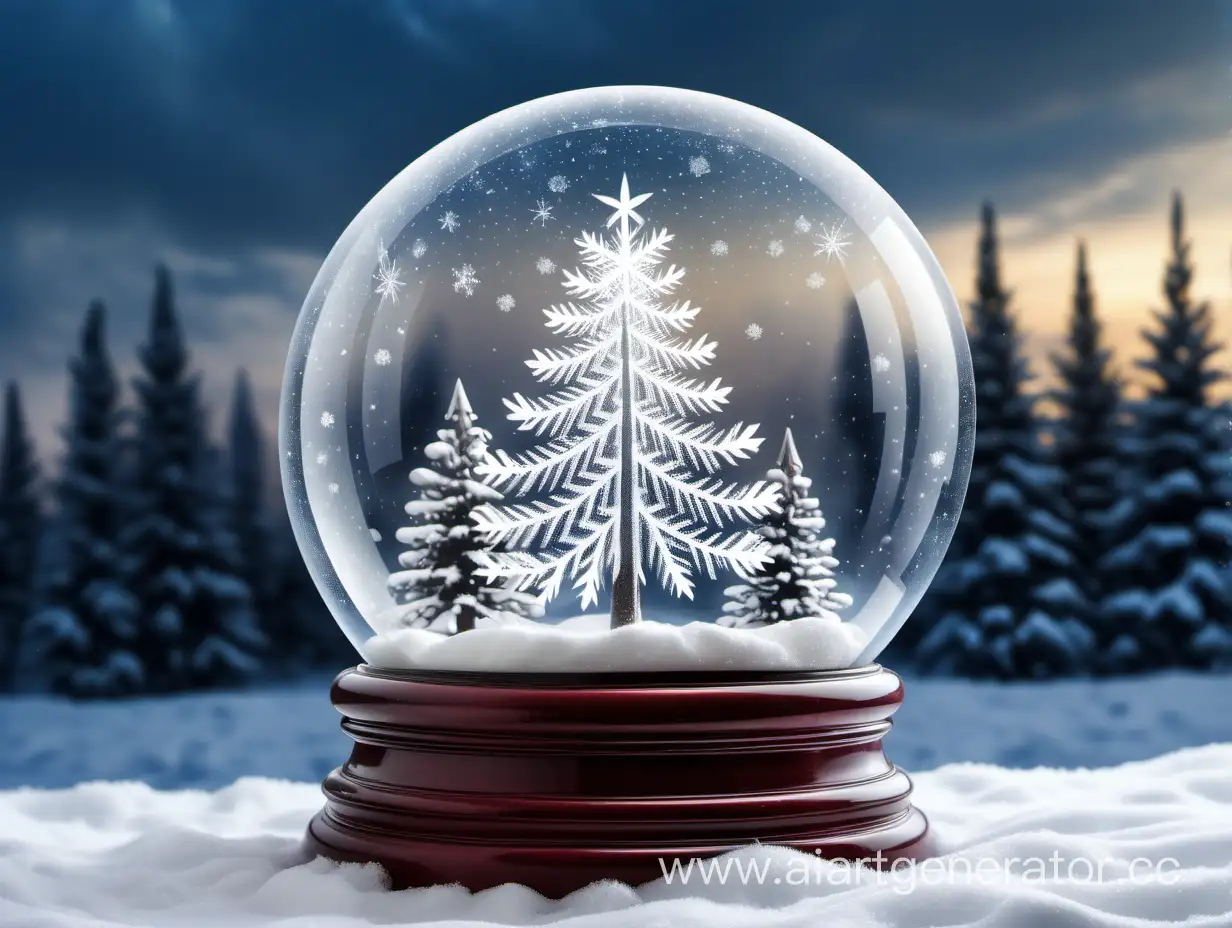 снежинки и ёлочка в стеклянном пузыре с ножкой на фоне зимнего 
 неба