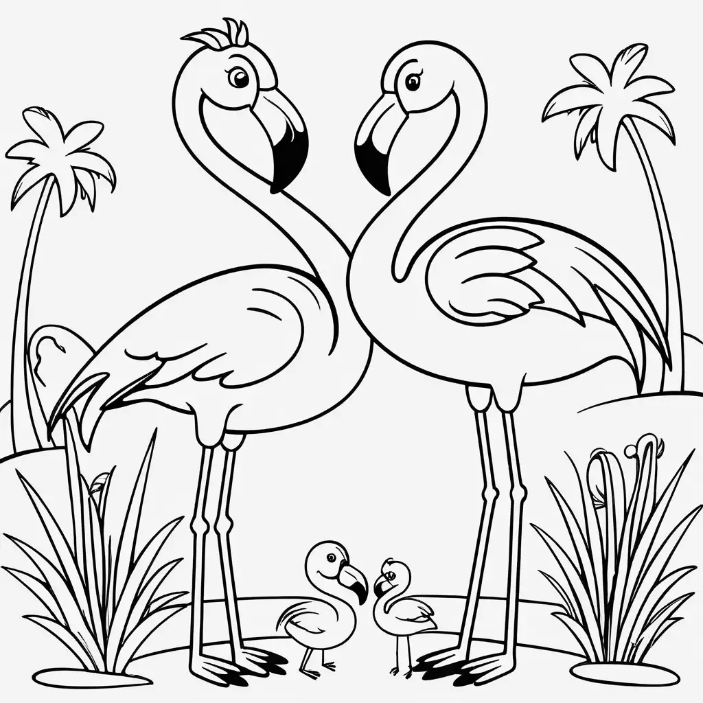 Adorable Flamingo Family Coloring Page for Toddlers Smiling Cartoon Flamingo with Parents