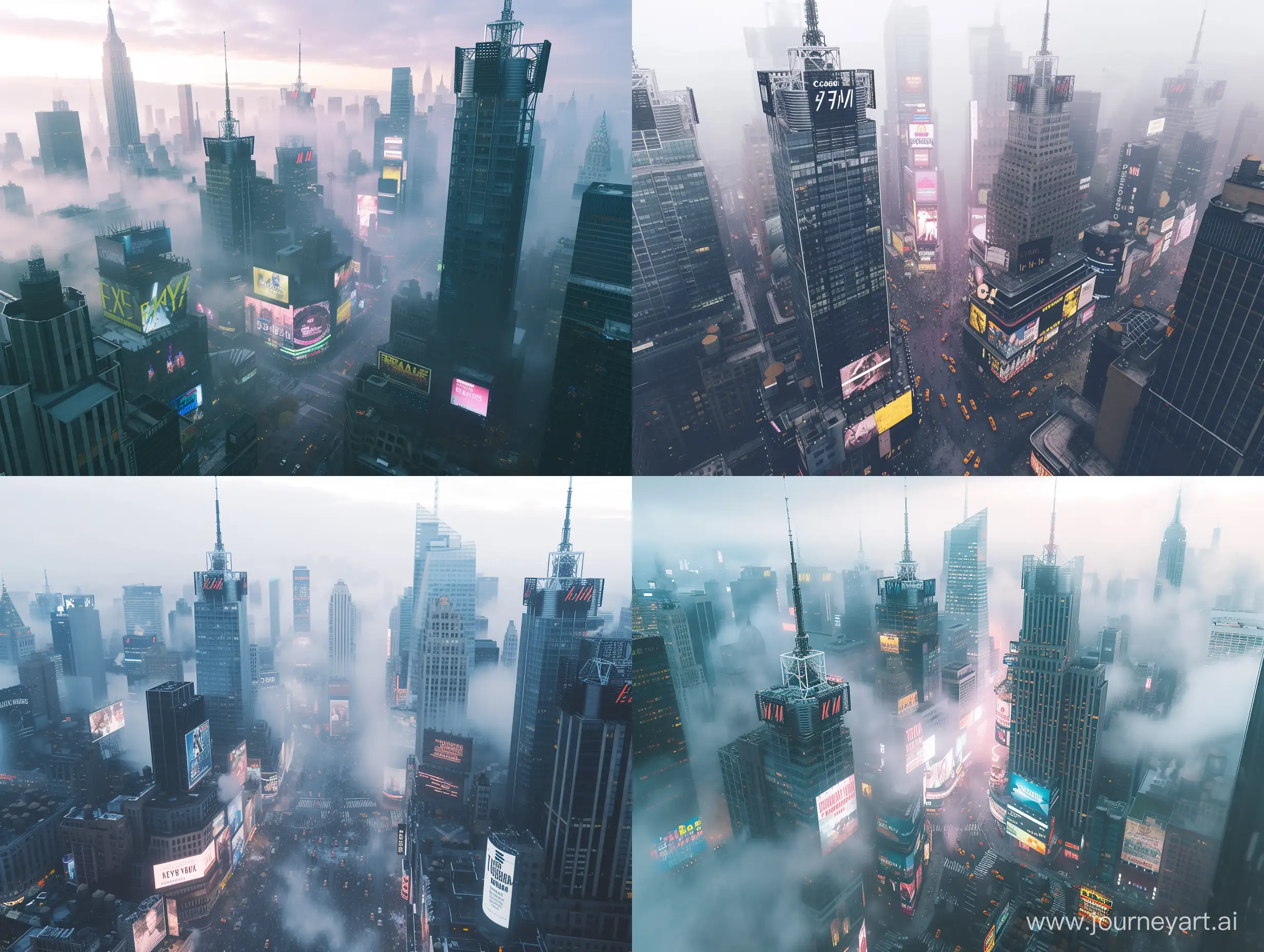 a bustling Procedural new york cityscape, the photo is bathed in natural lighting, relaxing setting. Shot in 4k with a high end DSLR camera. such as a Canon EOS R5 with a 50mm f/1. 2 lens, architecture, drone view, skyline, vivid, foggy, dystopian, science fiction, full view, skyline, billboards, nature, 
