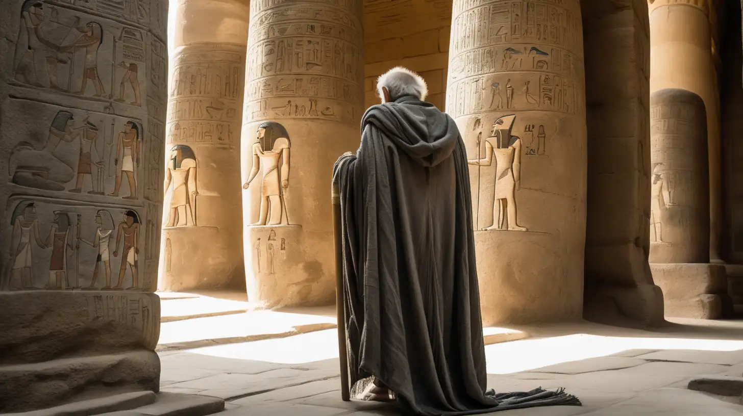 Frame the shot with the back of a frail old man in a weathered grey cloak, his figure hunched over.
Convey a sense of fragility and age through his posture, enhancing the mysterious ambiance surrounding him in the ancient Egyptian temple