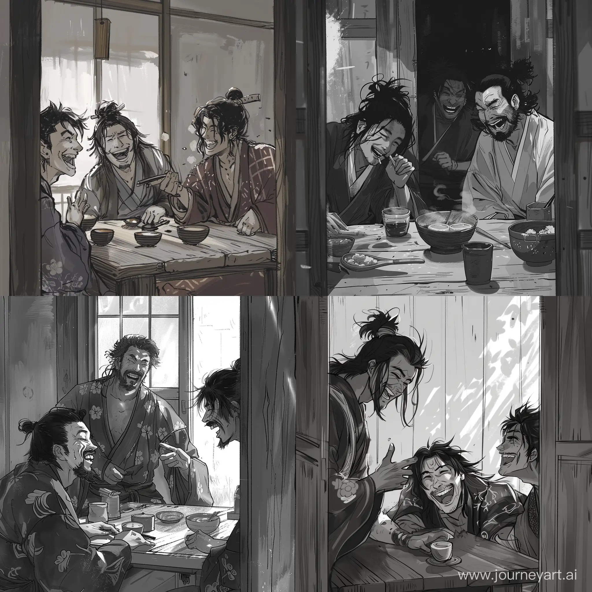 Photo of Susanoo, Tso and Jumong laughing. sitting around the table Ute's brother is looking through the door.