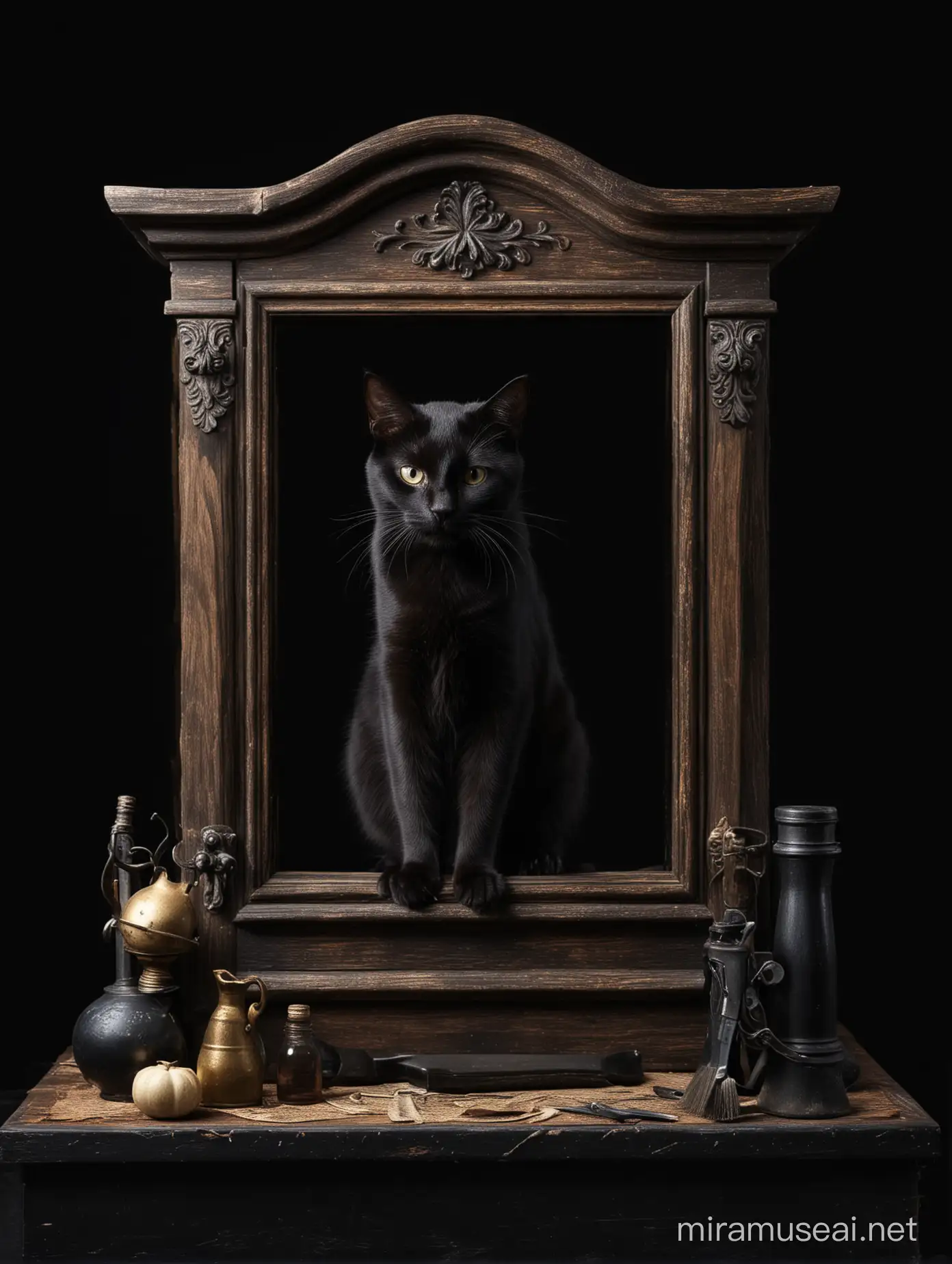 Studio of a black cat on a black background, on the artistic theme of a cat burglar. Please add props and so on to make it artistic.