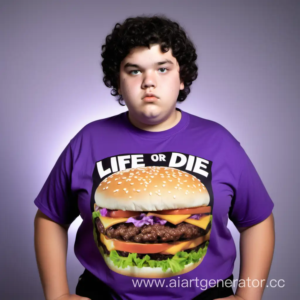 boy 17 years old, average height, thick build, short curly black hair, green eyes, acne on his face, fat face, wearing a purple T-shirt with the "Life or Die" print and black shorts, close-up, full-length, background Burger  King