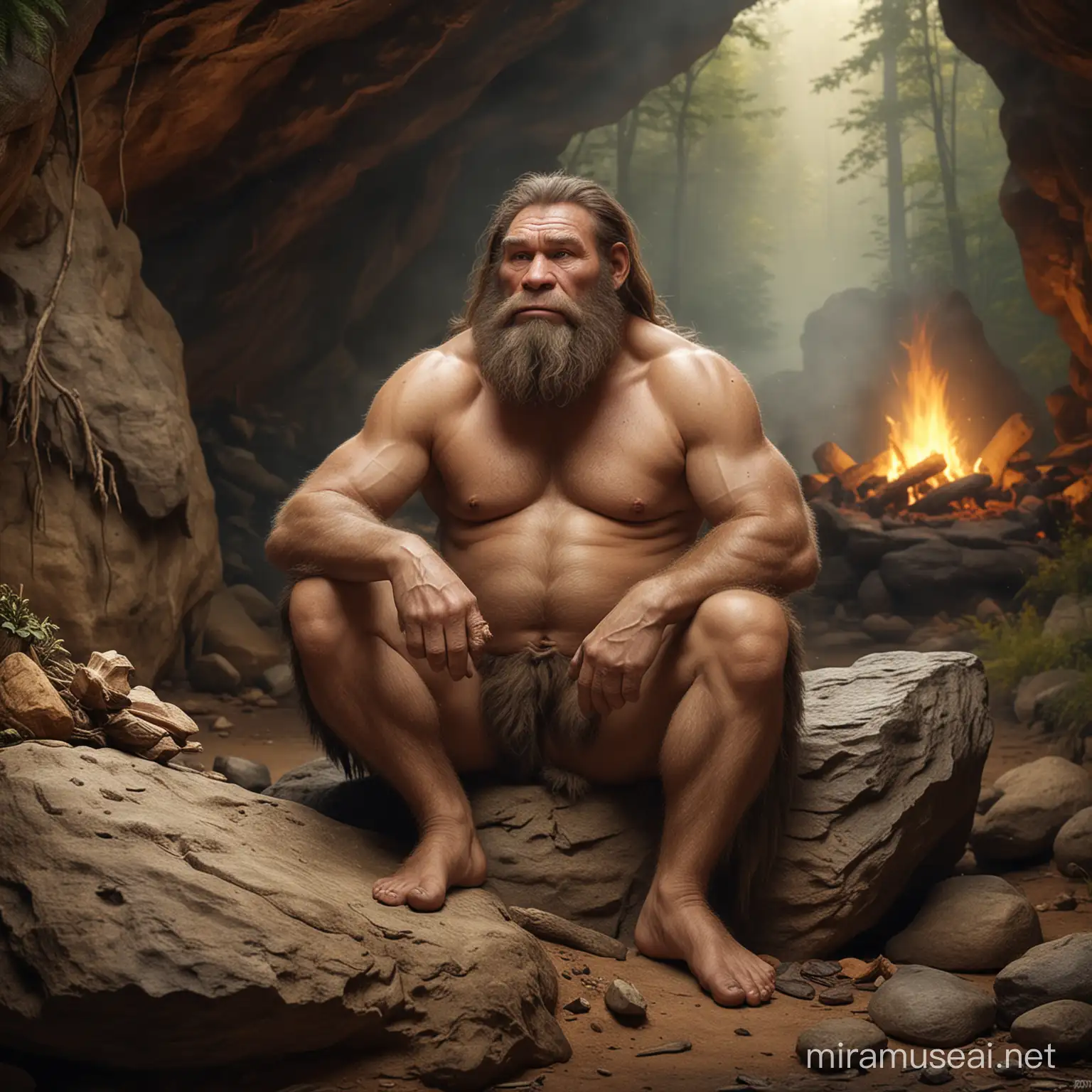 neanderthal,chubby,barefoot,hairy,loincloth,long beard,sitting on rock ,forest cave background,primitivism,camp fire,old man,Alex Petruk APe,arnold render,mud on body