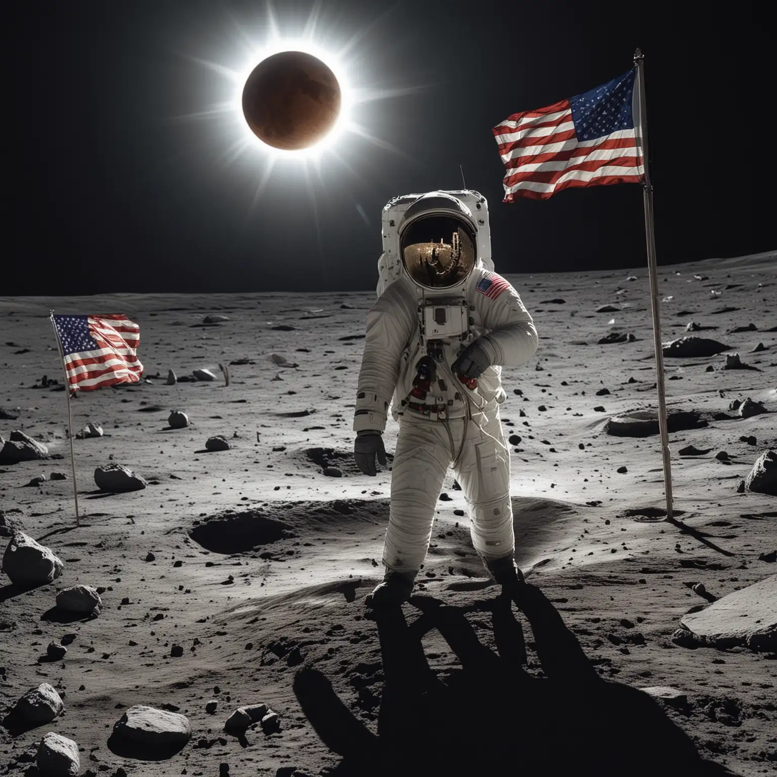 astronaut standing on the moon with an american flag and a full solar eclipse in the background