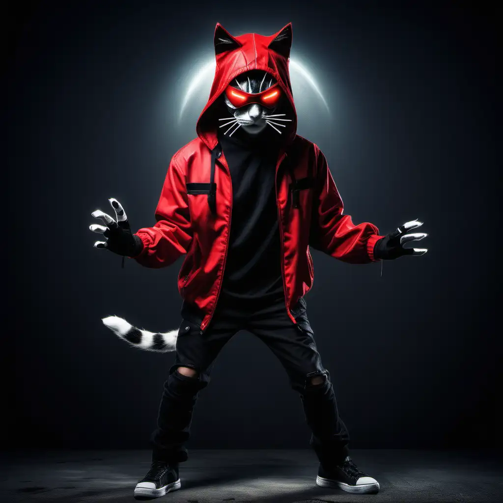 Hacker costume cat. Black and red jacket. Neon mask. Up ahead there is. spell. Hand In Bandage. background. black red dark gray