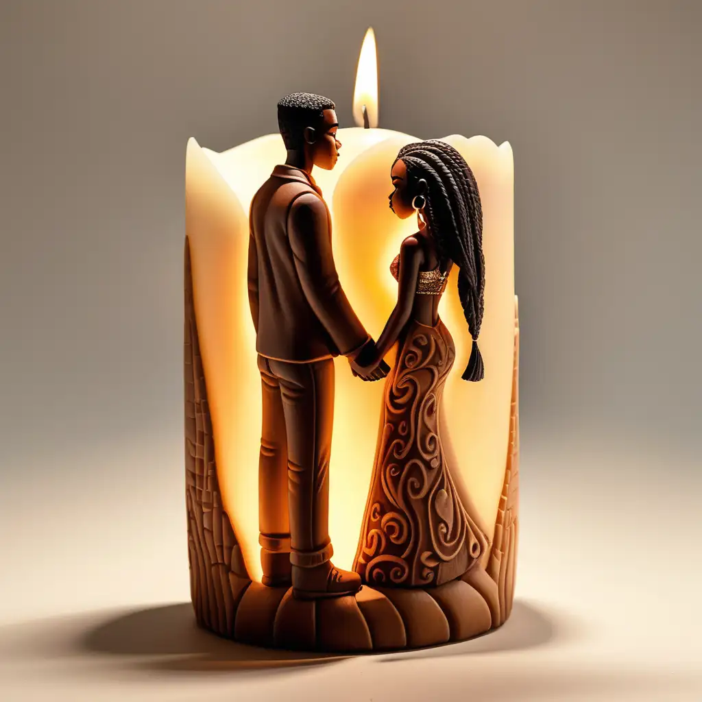 3D candle carved and designed in the shape of a young  urban African American couple, man has a fade, woman has long hair back view
