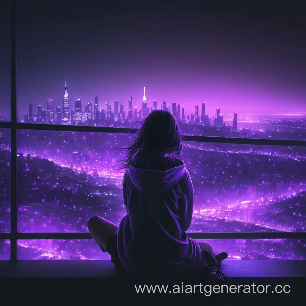 Девушка сидит спиной, темно, смотрит на город с фиолетовыми огнями