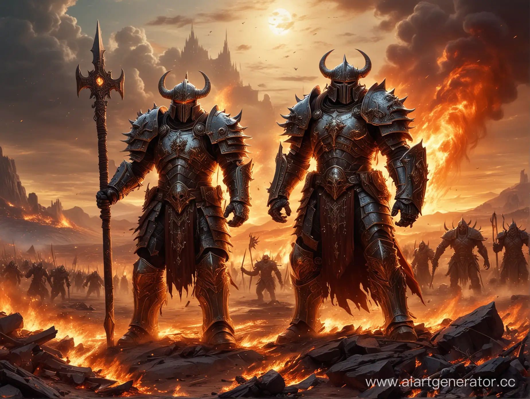 Chaos Warrior (Warhammer Fantasy Battle) art . in massive shiny armor with the sign of chaos. На поле боя под Альдорфом.
Поле Боя пылает в магическом огне.
В небе  Бог Хаоса Неделимого.