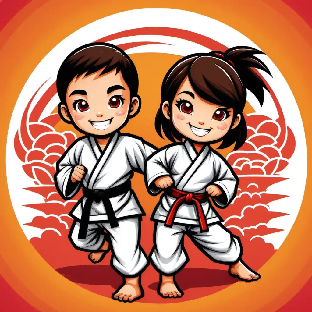 A cute, smiling, karate girl and boy, wearing a ninja suit, full colour, solids lines, oriental background