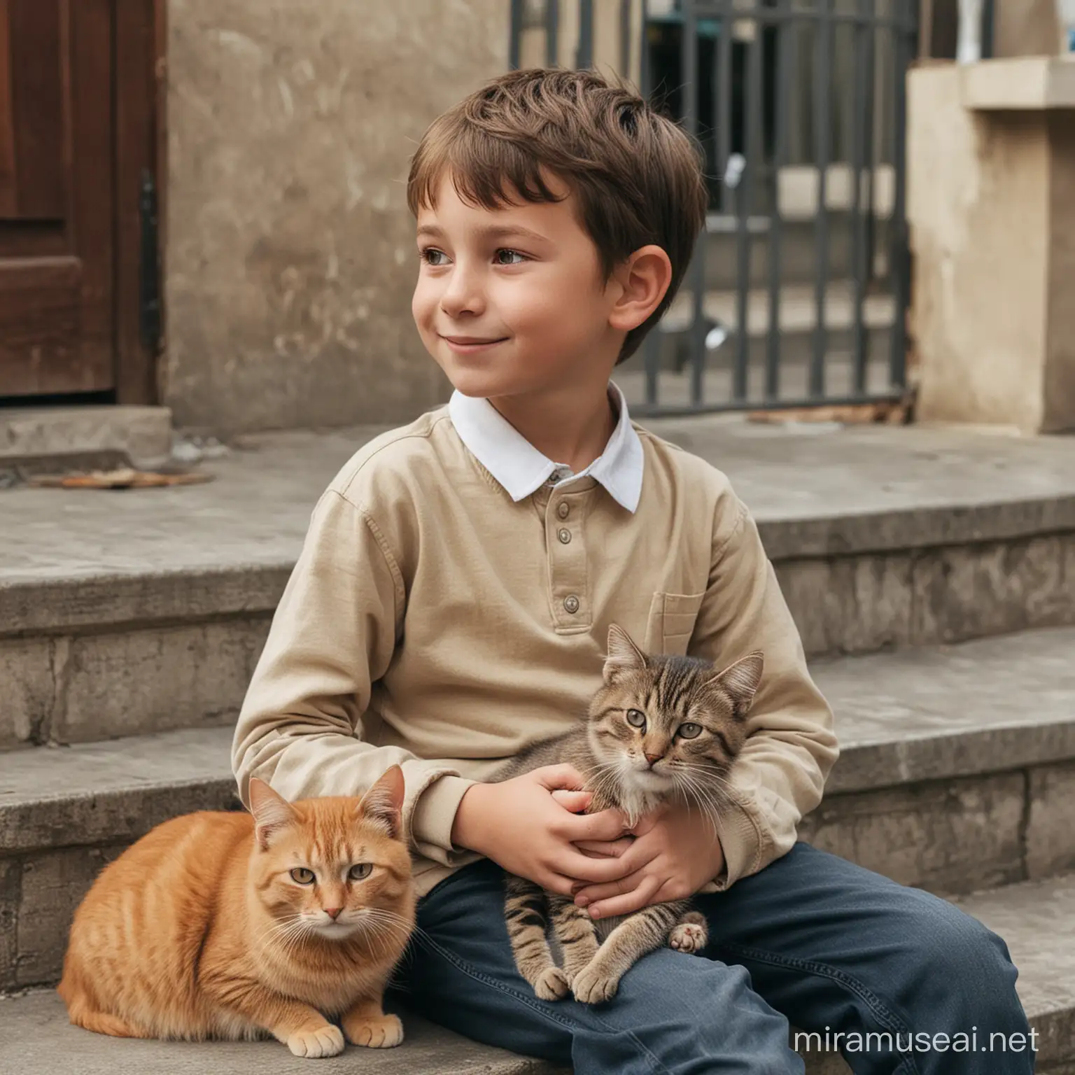 a boy sitting with cat.