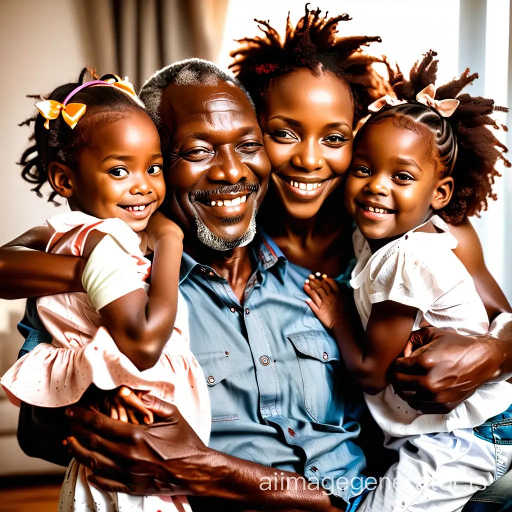 Papa et maman africains entourant leurs petits enfants  fille et garcons de câlins affectueux, avec des sourires radieux sur leur visage.