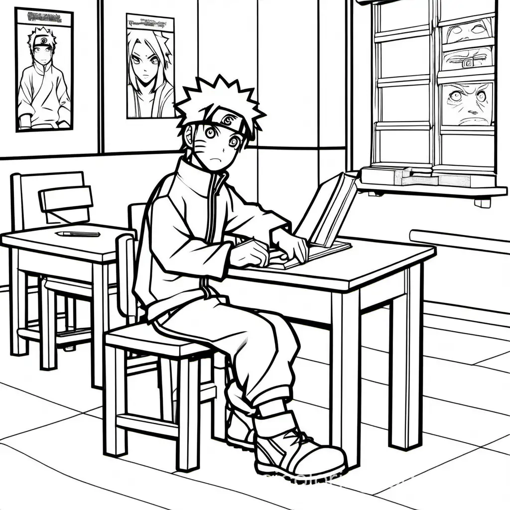 Naruto-Coloring-Page-Student-in-Classroom-Black-and-White-Line-Art