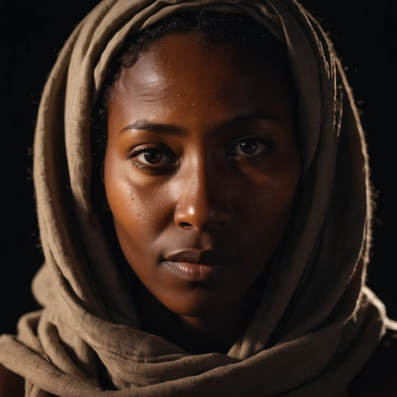 Full Face of the 50 year old pitch black ethiopian woman looking straight into the camera

