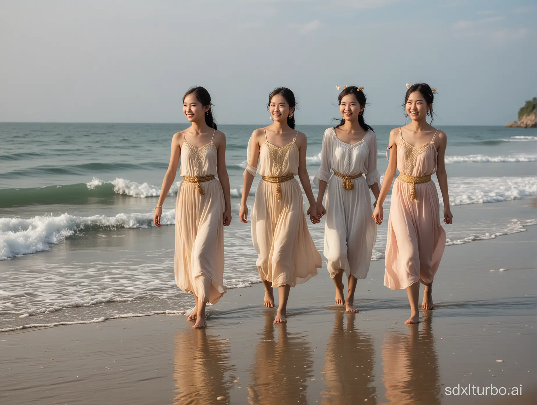 一群傣族少女姗姗走来海边，她们的身材是那样苗条，步履是那样轻盈，仪态大方，好像一群美丽的仙子从天而降，在海边嬉戏着。