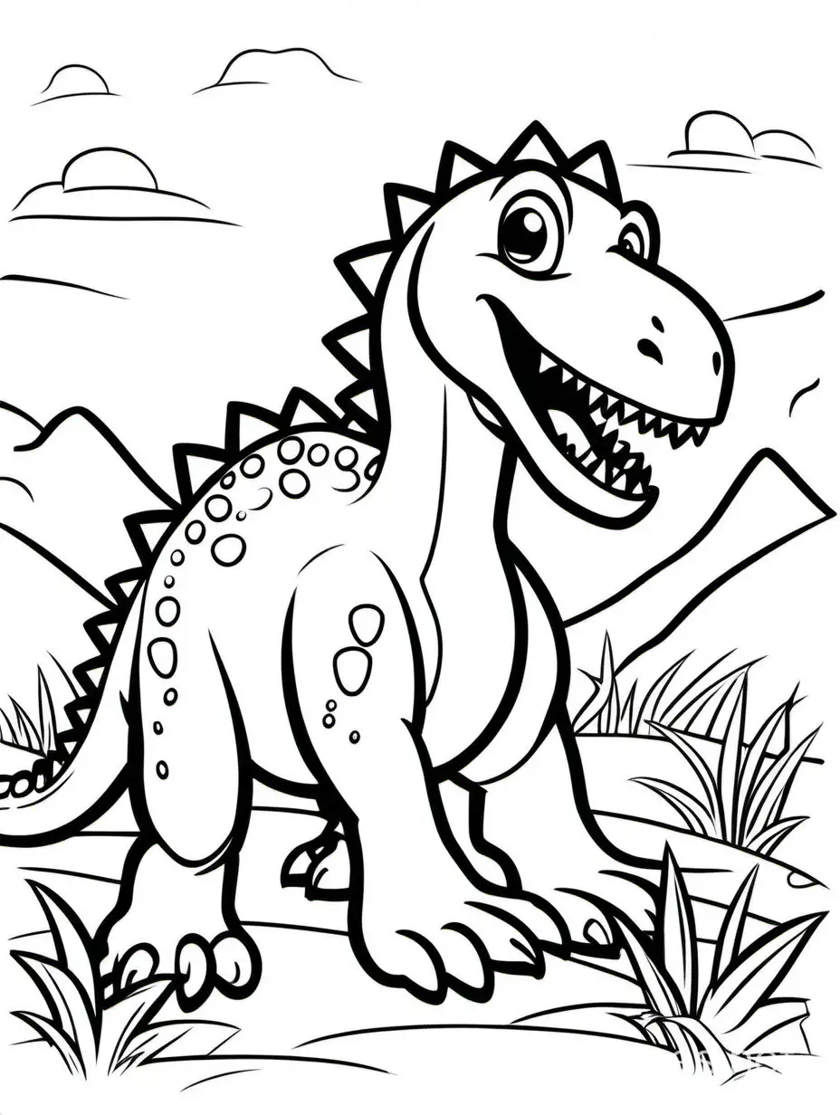 a cute dinosaure, Coloring Page, black and white, line art, white background, Simplicity, Ample White Space. The background of the coloring page is plain white to make it easy for young children to color within the lines. The outlines of all the subjects are easy to distinguish, making it simple for kids to color without too much difficulty