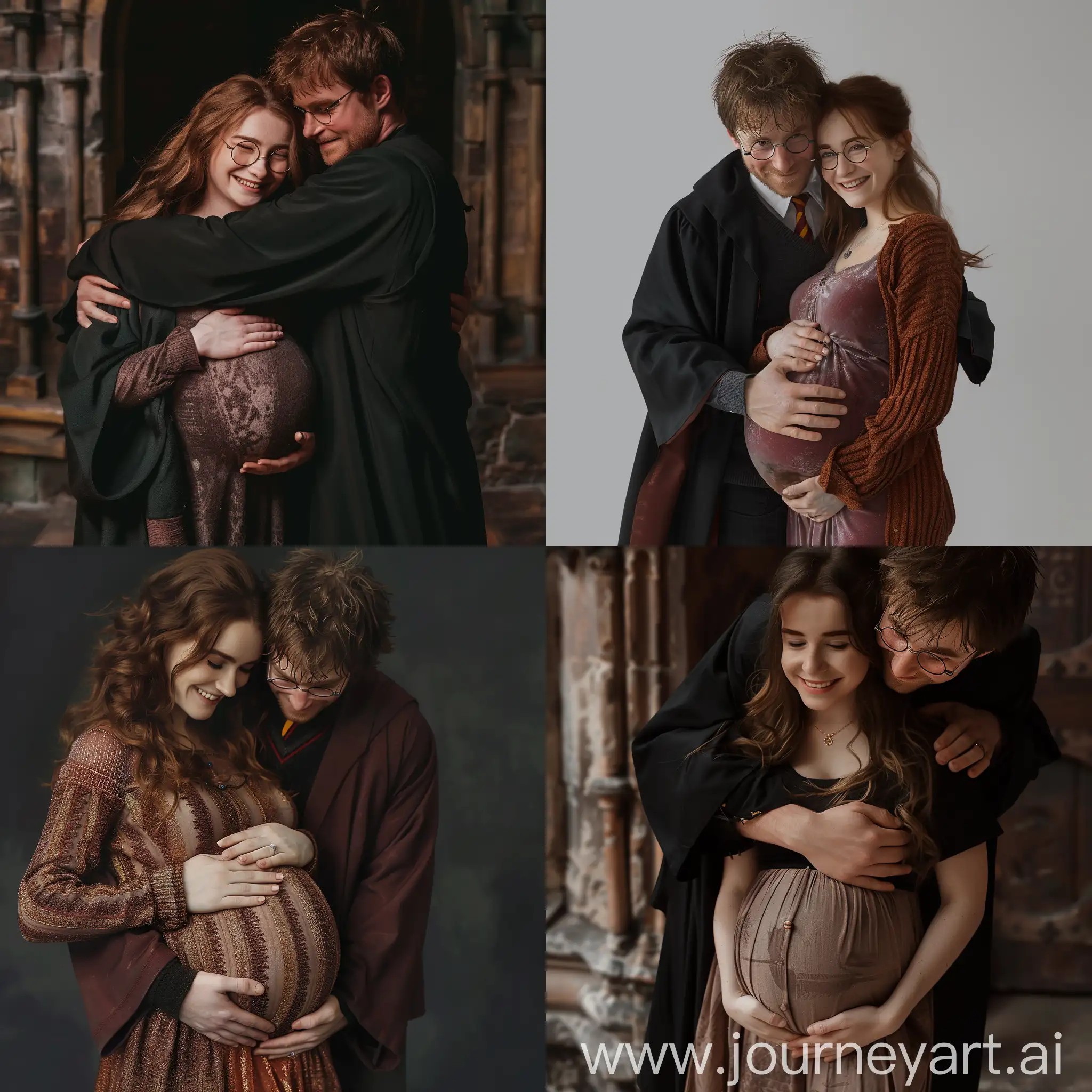  Pregnant Mckenna Grace, hands holding her belly, extremely happy expression, Harry Potter hugging her from behind, extremely realistic, 8k