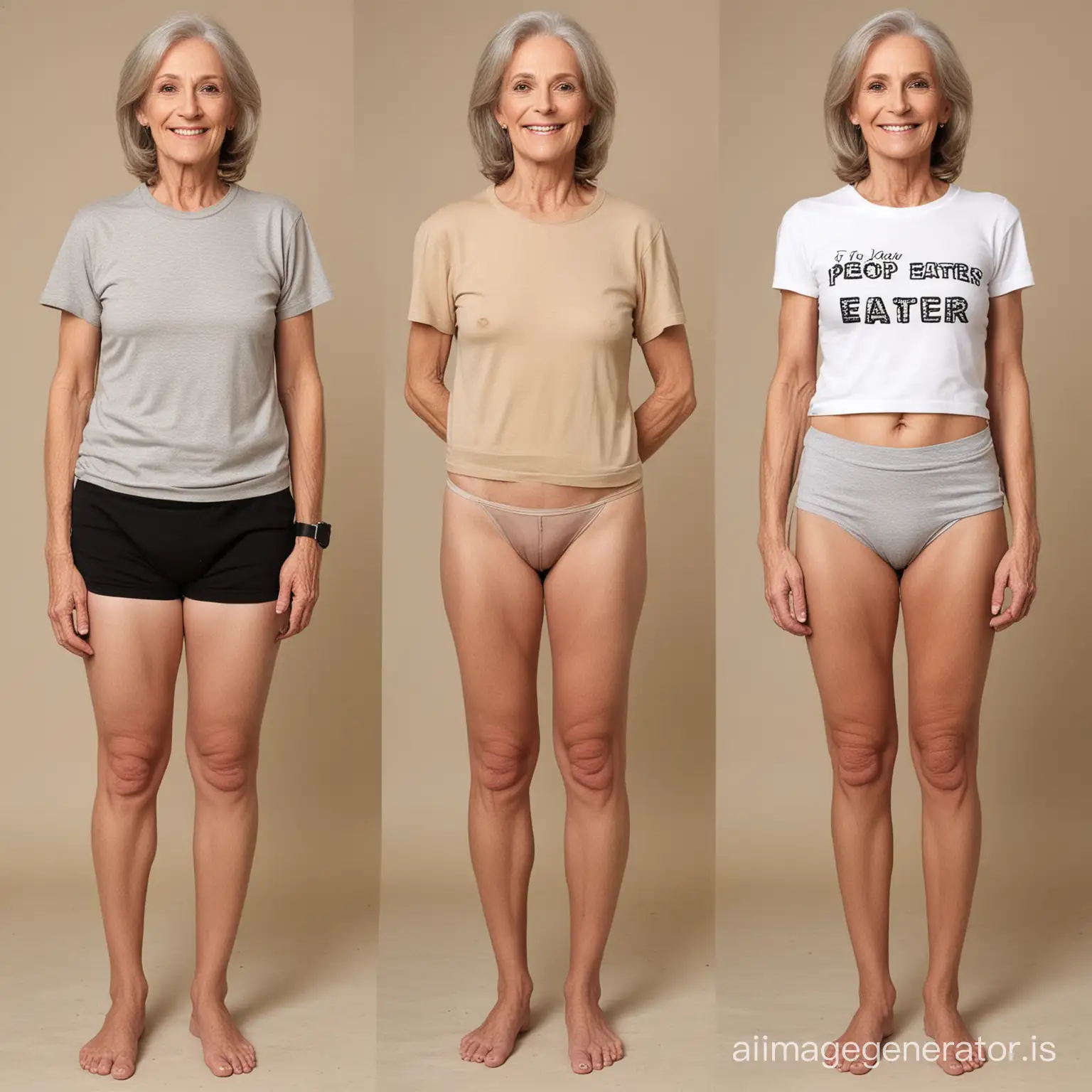 Before & after comparison of: 70 year old transgender teacher, smiling, weak, frail, anorexic, emaciated, flat-chested, extremely skinny waist, very wide hips, small legs, thin arms, nude, wearing a t-shirt with the text: "Poop Eater"