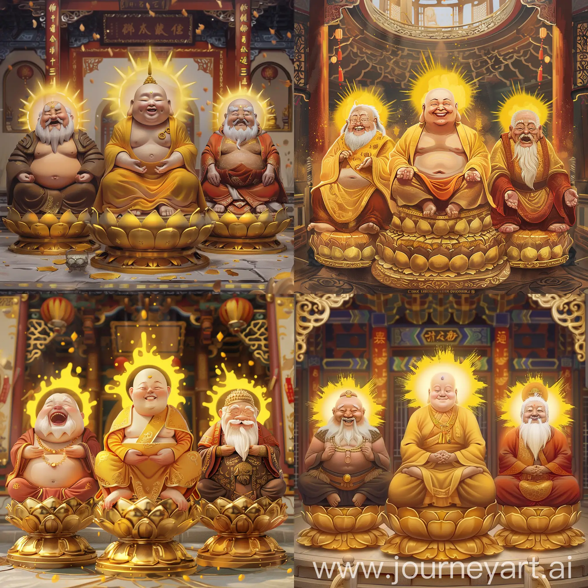 Painting mode :
three Chinese style Buddhas are meditating on their golden Indian lotus thrones, they all have yellow auroras behind their heads,

the middle one is the middle-aged elegant Gautama, Gautama has  yellow Chinese Buddhist clothes, Guatama has no beards,

the right one is Maitreya, Maitreya is a chubby laughing Chinese Buddha with deep orange and brown clothes,

the left one is an old Dipankara, Dipankara has white long beards and red Chinese Buddhist clothes, 

they are all inside a splendid Chinese Buddhist temple,