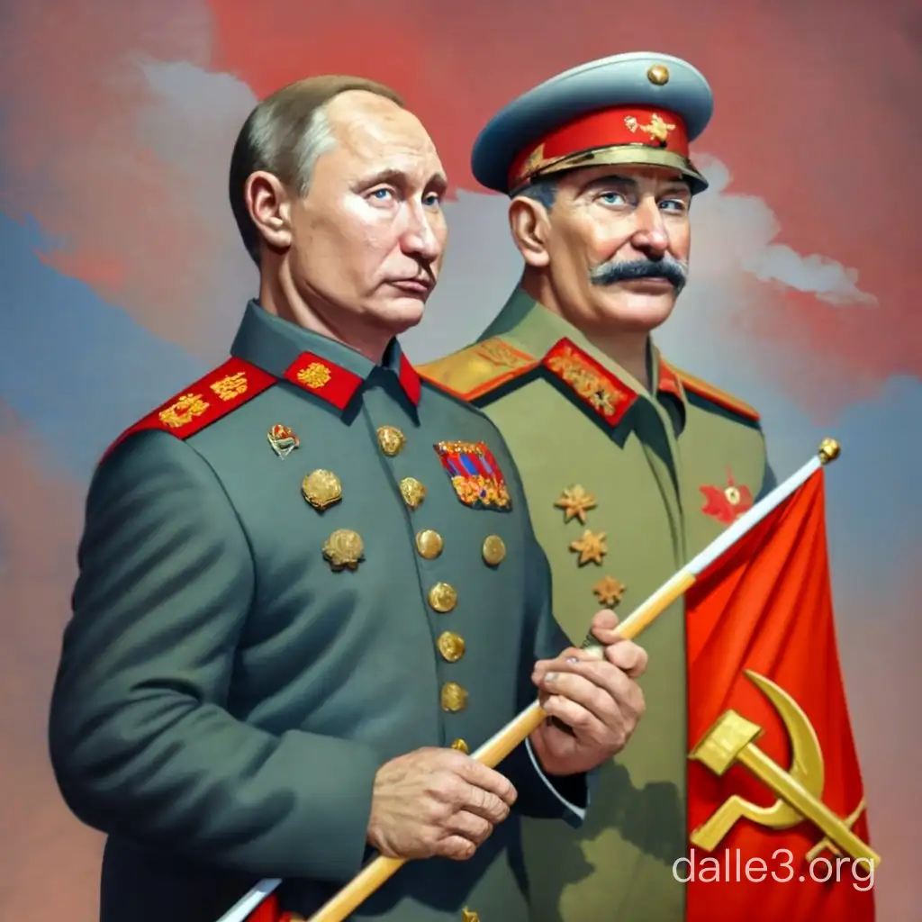 vladimir putin with joseph stalin holding soviet flag reaslistic