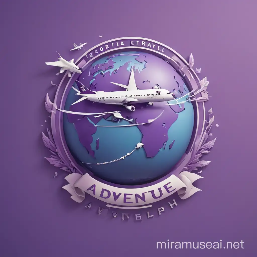 Purple logo for travel with world, airplane, ship with buisiness name in English Cashe Adventure Travel