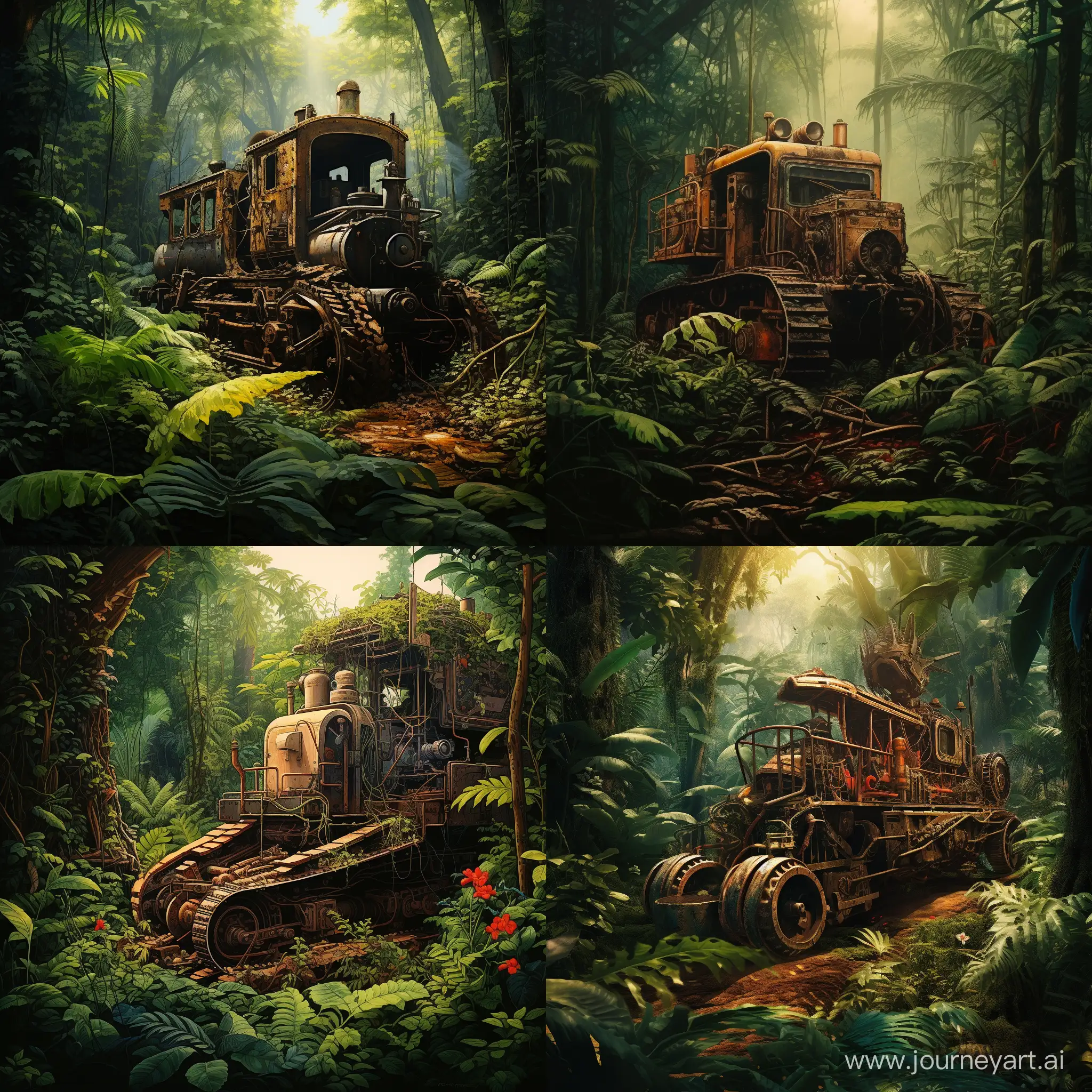 Трактор, застрявший в лианах в тропическом лесу. Его пытается вытащить паровоз