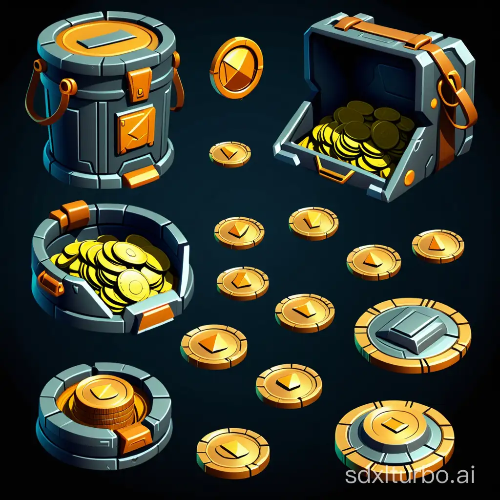 create scifi game ui set with sharp edges including: gold coin, bag of coin, bucket of coin, chest of coin