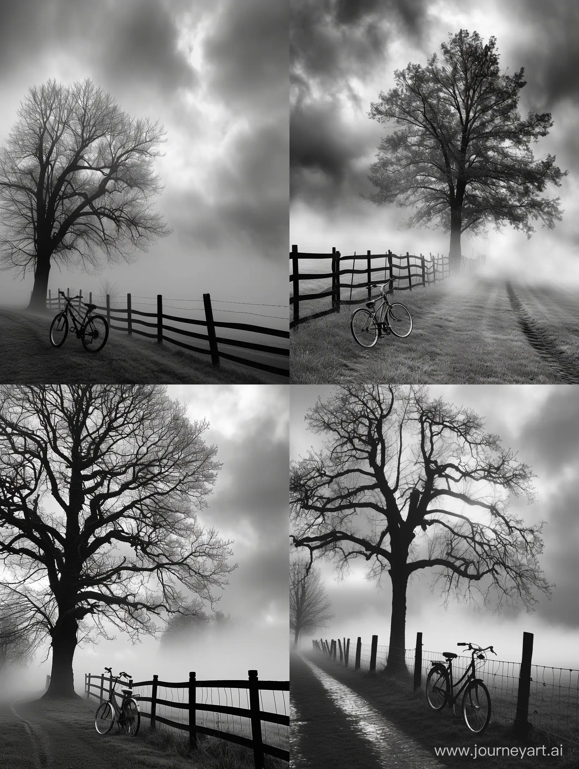Mist, tree, fence, cloudy sky, bicycle, black and white --v 6 --ar 3:4 --no 11297