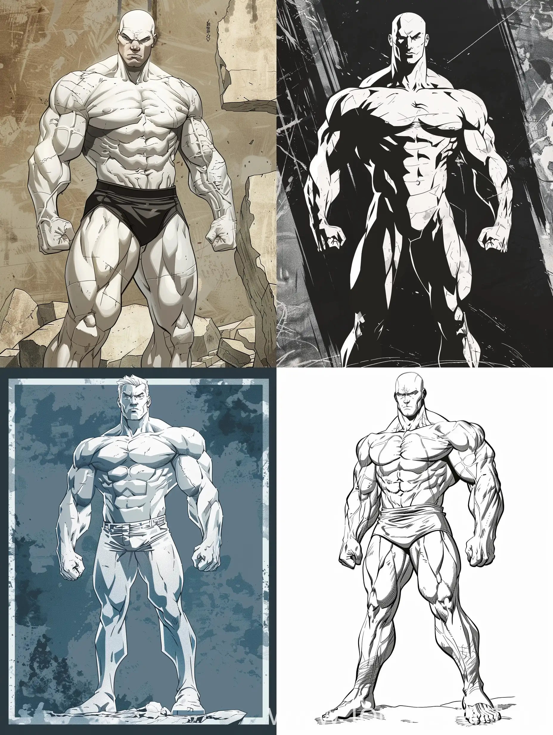 /imagine prompt: muscular strong short man in comix style with pure very white skin, full body pose