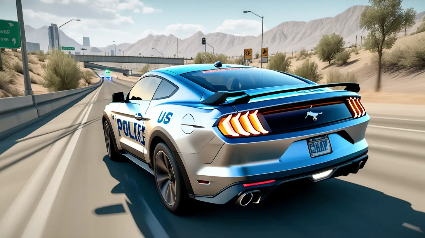 US police Ford Mustang Mach-E Car Driving and chase the criminal Car on Highway road, showing natural environment, Showing from back side, 3d android game screenshot