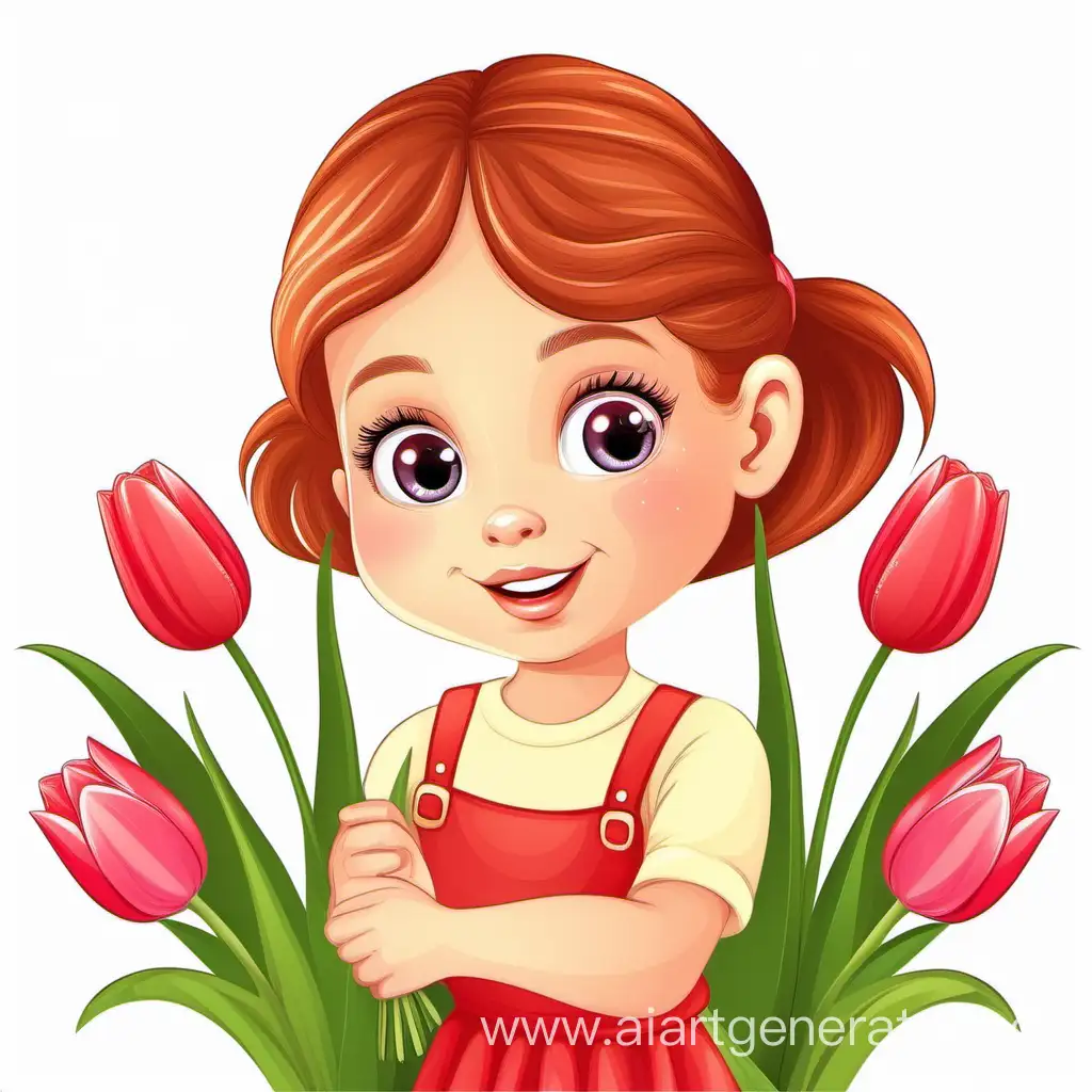 Beautiful little girl with a bouquet of tulips on a white background Vector graphics cartoon style spring