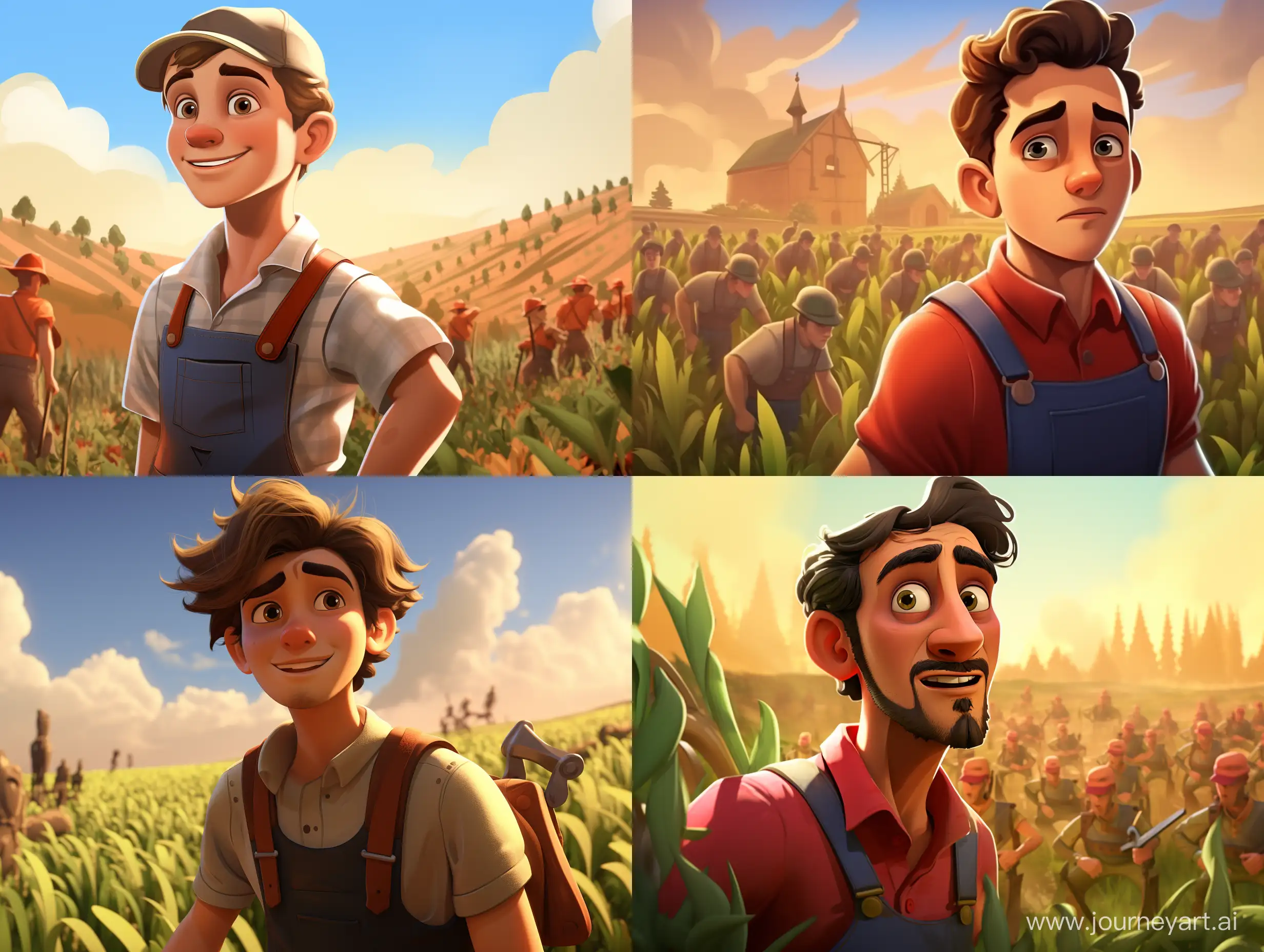 cartoon pixar style of a younge farmer in the background of a war