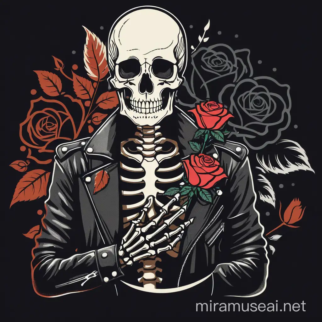 Vintage design, very beautiful drawing, stencils, simple, minimalism, vector art, Sketch drawing, flat, 2d, vintage style,skeleton skeleton wearing leather jacket, The right hand holds a rose and places it above the left chest, close-up , black and white color