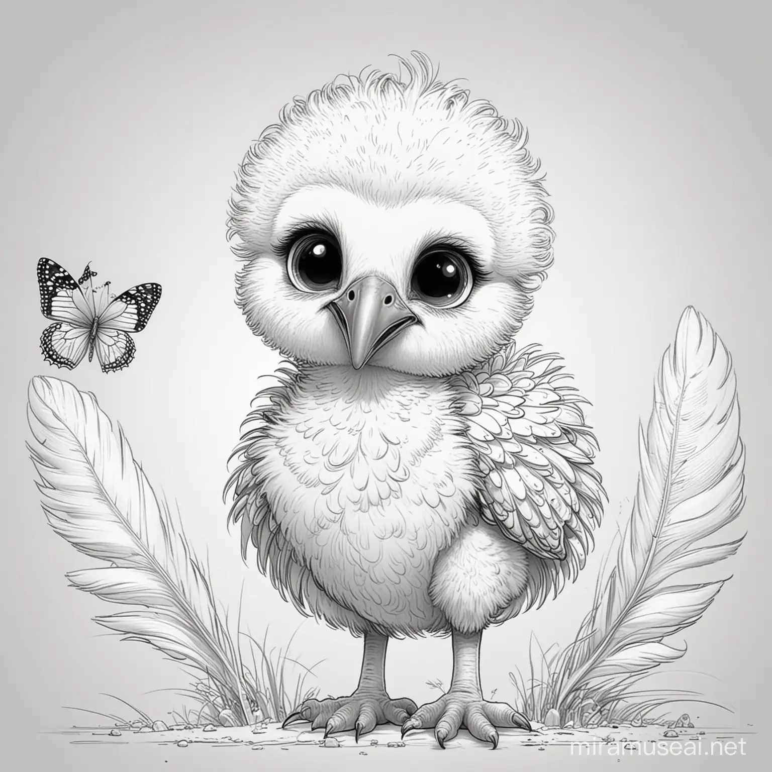 Coloring book, cartoon drawing, clean black and white, single line, in center of aspect ratio 916, white background, cute ostrich chick, with a butterfly perched on its fluffy feathers