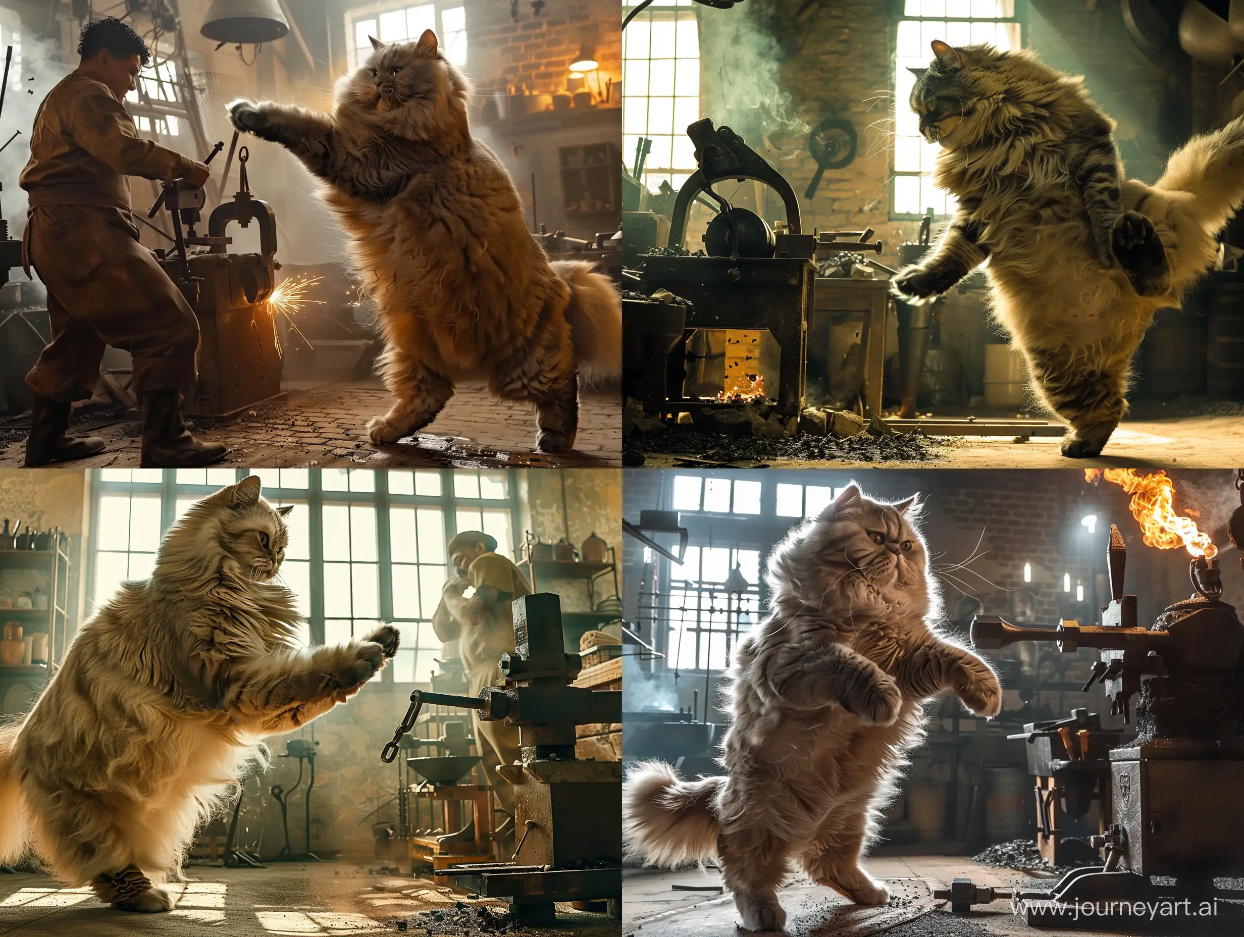 A giant Persian cat, the size of a Persian cat is the size of a horse, kicks the persian blacksmith in the blacksmith shop and throws him, cinematic, epic realism,8K, highly detailed, long shot technique, backlit, hard lighting