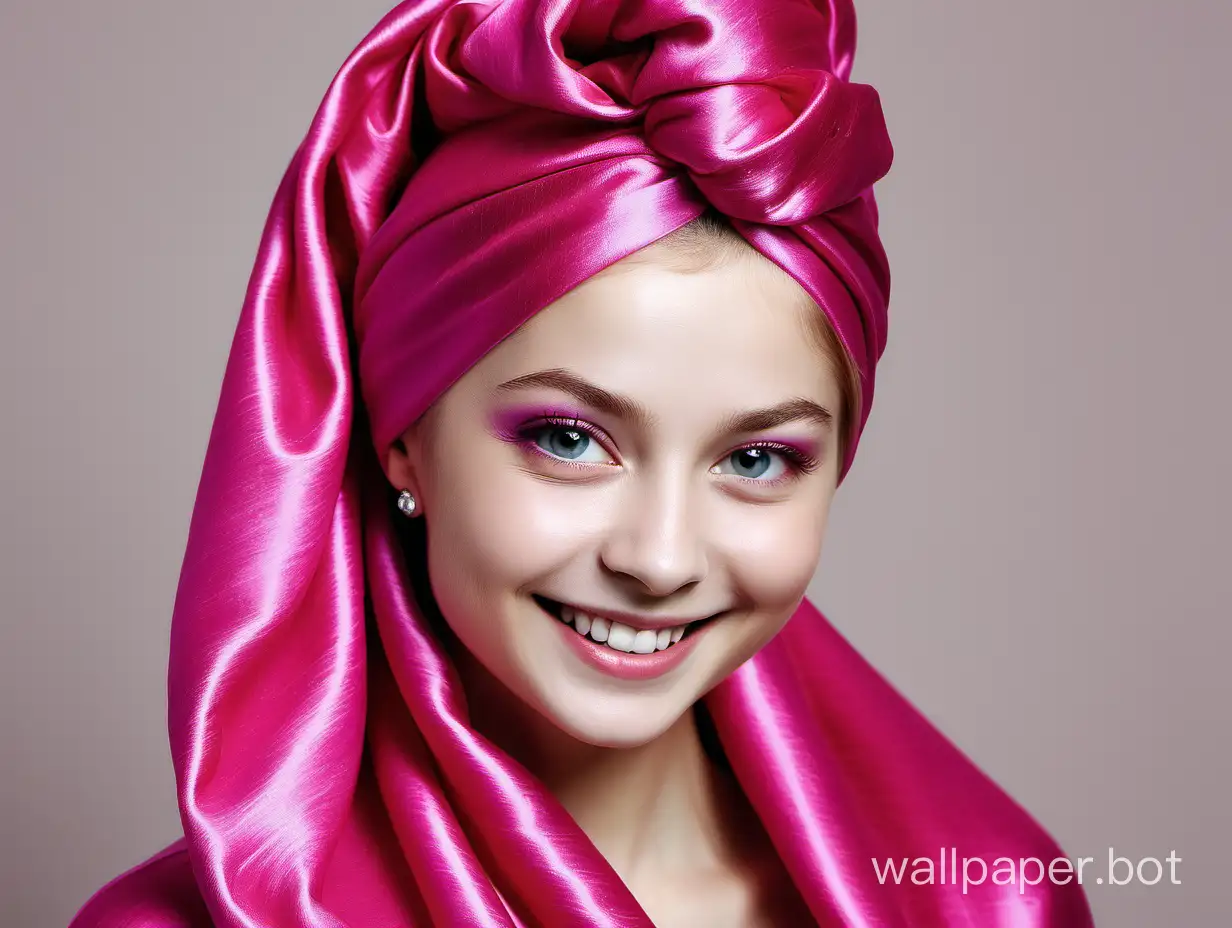Sweet Yulia Lipnitskaya smiles with long straight silky hair in long Beautiful, gentle, Luxurious glamour natural pink fuchsia mulberry silk with pink silk towel turban