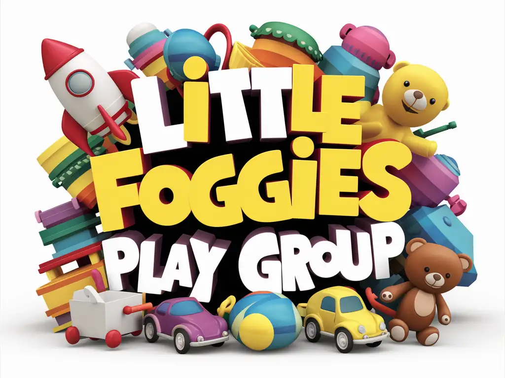 The name in 3d: "Little Foggies Play Group” , toys surrounding the words, cartoon 3d render, cinematic, typography v0.2, illustration, cinematic, typography, 3d render “Little Foggies Play Group” lots of fresh colours