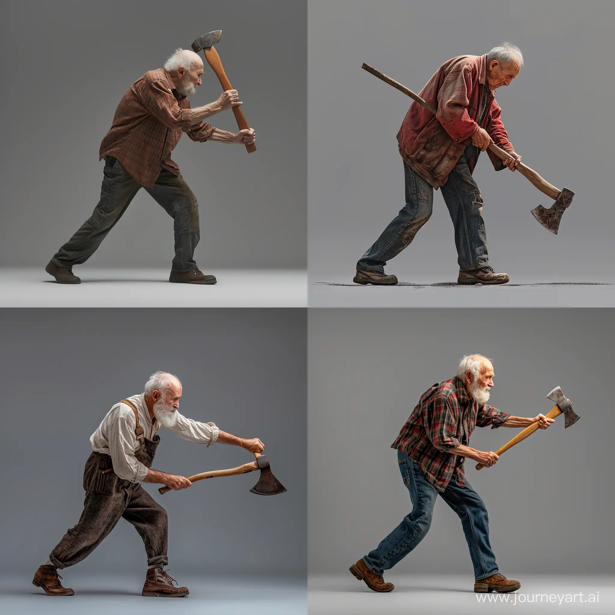 old man swings an ax, side view, full height, gray background